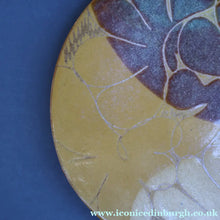 Load image into Gallery viewer, STUDIO POTTERY. Heavy Duty Trivet or Teapot Stand with Abstract Floral Motifs. Crich Pottery (Diana Worthy).  8 inches diameter
