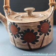 Load image into Gallery viewer, STUDIO POTTERY. Vintage 1960s Teapot with Sunflower Pattern &amp; Cane Handle by Briglin Pottery
