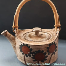Load image into Gallery viewer, STUDIO POTTERY. Vintage 1960s Teapot with Sunflower Pattern &amp; Cane Handle by Briglin Pottery
