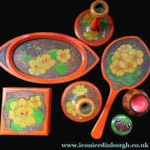Load image into Gallery viewer, Art Nouveau Poker Work Dressing Table Set Nasturtium Flowers 1900ss
