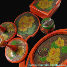 Load image into Gallery viewer, Art Nouveau Poker Work Dressing Table Set Nasturium Flowers 1900s
