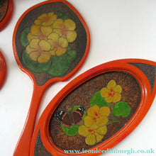 Load image into Gallery viewer, Art Nouveau Poker Work Dressing Table Set Nasturtium Flowers 1900ss
