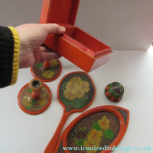 Load image into Gallery viewer, Art Nouveau Poker Work Dressing Table Set Nasturium Flowers 1900s
