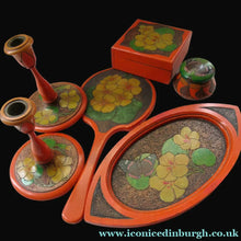 Load image into Gallery viewer, Art Nouveau Poker Work Dressing Table Set Nasturium Flowers 1900s

