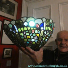 Load image into Gallery viewer, Stunning Large VICTORIAN / EDWARDIAN Antique Stained Glass Pendant Dome Shape Shade with Bronze Chains
