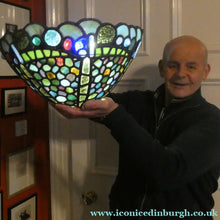 Load image into Gallery viewer, Stunning Large VICTORIAN / EDWARDIAN Antique Stained Glass Pendant Dome Shape Shade with Bronze Chains
