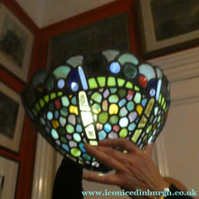 Load image into Gallery viewer, Stunning Large VICTORIAN / EDWARDIAN Antique Stained Glass Pendant Dome Shape Shade with Bronze Chains
