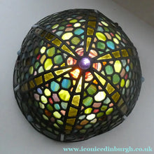 Load image into Gallery viewer, Stunning Large VICTORIAN / EDWARDIAN Antique Stained Glass Pendant Dome Shape Shade with Bronze Chains
