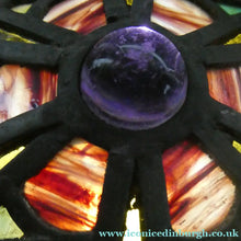 Load image into Gallery viewer, Stunning Large VICTORIAN / EDWARDIAN Antique Stained Glass Pendant Dome Shape Shade with Bronze Chains
