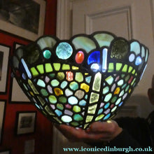 Load image into Gallery viewer, Stunning Large VICTORIAN / EDWARDIAN Antique Stained Glass Pendant Dome Shape Shade with Bronze Chains
