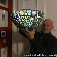 Load image into Gallery viewer, Stunning Large VICTORIAN / EDWARDIAN Antique Stained Glass Pendant Dome Shape Shade with Bronze Chains
