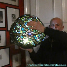 Load image into Gallery viewer, Stunning Large VICTORIAN / EDWARDIAN Antique Stained Glass Pendant Dome Shape Shade with Bronze Chains
