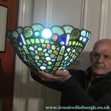 Load image into Gallery viewer, Stunning Large VICTORIAN / EDWARDIAN Antique Stained Glass Pendant Dome Shape Shade with Bronze Chains
