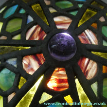 Load image into Gallery viewer, Stunning Large VICTORIAN / EDWARDIAN Antique Stained Glass Pendant Dome Shape Shade with Bronze Chains
