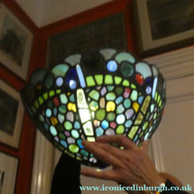 Load image into Gallery viewer, Stunning Large VICTORIAN / EDWARDIAN Antique Stained Glass Pendant Dome Shape Shade with Bronze Chains
