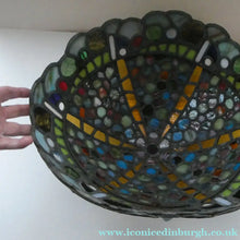 Load image into Gallery viewer, Stunning Large VICTORIAN / EDWARDIAN Antique Stained Glass Pendant Dome Shape Shade with Bronze Chains
