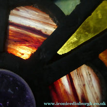 Load image into Gallery viewer, Stunning Large VICTORIAN / EDWARDIAN Antique Stained Glass Pendant Dome Shape Shade with Bronze Chains
