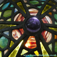 Load image into Gallery viewer, Stunning Large VICTORIAN / EDWARDIAN Antique Stained Glass Pendant Dome Shape Shade with Bronze Chains
