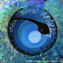 Load image into Gallery viewer, Tiffany Style Okra Glass Vase. Signed - Blue Glass with Cherry Blossom 
