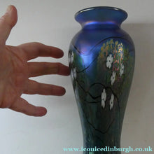 Load image into Gallery viewer, Tiffany Style Okra Glass Vase. Signed - Blue Glass with Cherry Blossom 
