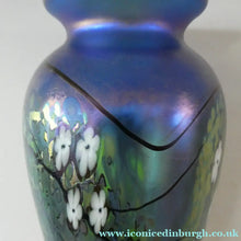 Load image into Gallery viewer, Tiffany Style Okra Glass Vase. Signed - Blue Glass with Cherry Blossom 
