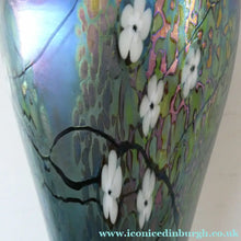 Load image into Gallery viewer, Tiffany Style Okra Glass Vase. Signed - Blue Glass with Cherry Blossom 
