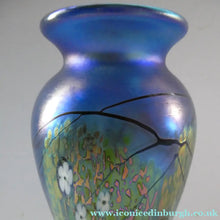 Load image into Gallery viewer, Tiffany Style Okra Glass Vase. Signed - Blue Glass with Cherry Blossom 
