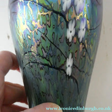 Load image into Gallery viewer, Tiffany Style Okra Glass Vase. Signed - Blue Glass with Cherry Blossom 
