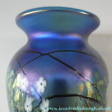 Load image into Gallery viewer, Tiffany Style Okra Glass Vase. Signed - Blue Glass with Cherry Blossom 
