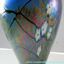 Load image into Gallery viewer, Tiffany Style Okra Glass Vase. Signed - Blue Glass with Cherry Blossom 

