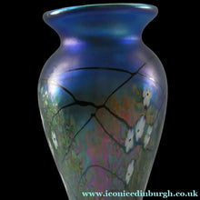 Load image into Gallery viewer, Tiffany Style Okra Glass Vase. Signed - Blue Glass with Cherry Blossom 
