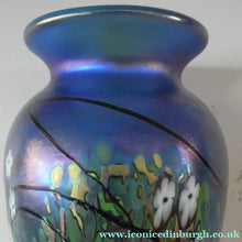 Load image into Gallery viewer, Tiffany Style Okra Glass Vase. Signed - Blue Glass with Cherry Blossom 
