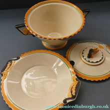 Load image into Gallery viewer, Stylish 1930s Art Deco Lidded Serving Bowl &amp; Plate BURLEIGH WARE. Rare Handpainted DAWN Pattern
