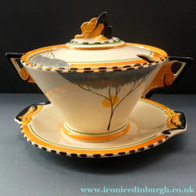 Load image into Gallery viewer, Stylish 1930s Art Deco Lidded Serving Bowl &amp; Plate BURLEIGH WARE. Rare Handpainted DAWN Pattern
