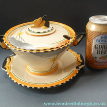 Load image into Gallery viewer, Stylish 1930s Art Deco Lidded Serving Bowl &amp; Plate BURLEIGH WARE. Rare Handpainted DAWN Pattern - British Ceramics
