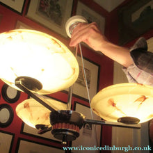 Load image into Gallery viewer, Vintage 1930s Art Deco Pendant Light Fitting. Chrome, Bakelite and Three Glass Shades
