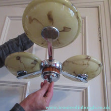 Load image into Gallery viewer, Vintage 1930s Art Deco Pendant Light Fitting. Chrome, Bakelite and Three Glass Shades
