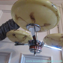 Load image into Gallery viewer, Vintage 1930s Art Deco Pendant Light Fitting. Chrome, Bakelite and Three Glass Shades
