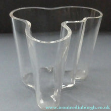 Load image into Gallery viewer, Stylish 1960s FINNISH Shallow Clear Glass SAVOY Vase. Iconic Mid Century Design by Alvar Aalto for Iittala, Finland. With acid etched signature
