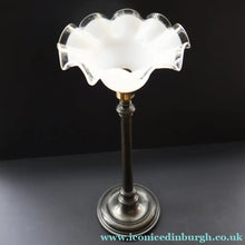 Load image into Gallery viewer, Stylish Early 20th Century Bronze Table Lamp with White Glass Shade with Frilled Edge. REWIRED

