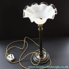 Load image into Gallery viewer, Stylish Early 20th Century Bronze Table Lamp with White Glass Shade with Frilled Edge. REWIRED - Antique Brass Lamp
