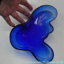 Load image into Gallery viewer, FINNISH 1994 Shallow Blue Glass SAVOY Vase. Iconic Mid Century Design by Alvar Aalto for Iittala, Finland. With acid etched signature 
