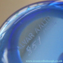 Load image into Gallery viewer, FINNISH 1994 Shallow Blue Glass SAVOY Vase. Iconic Mid Century Design by Alvar Aalto for Iittala, Finland. With acid etched signature 

