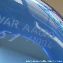 Load image into Gallery viewer, FINNISH 1994 Shallow Blue Glass SAVOY Vase. Iconic Mid Century Design by Alvar Aalto for Iittala, Finland. With acid etched signature 
