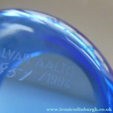Load image into Gallery viewer, FINNISH 1994 Shallow Blue Glass SAVOY Vase. Iconic Mid Century Design by Alvar Aalto for Iittala, Finland. With acid etched signature 
