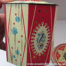 Load image into Gallery viewer, Vintage 1950s Sweets Tin. Abstract Atomic Designs. Snowflake and Aquarium
