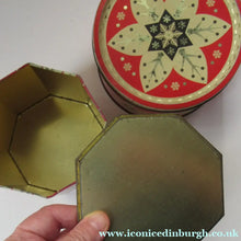 Load image into Gallery viewer, Vintage 1950s Sweets Tin. Abstract Atomic Designs. Snowflake and Aquarium
