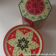 Load image into Gallery viewer, Vintage 1950s Sweets Tin. Abstract Atomic Designs. Snowflake and Aquarium
