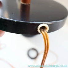 Load image into Gallery viewer, Stylish Vintage Scandinavian Style Turned Teak &amp; Brass Table Lamp with Button On / Off Switch on the base
