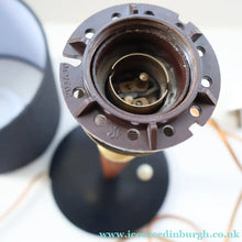 Load image into Gallery viewer, Stylish Vintage Scandinavian Style Turned Teak &amp; Brass Table Lamp with Button On / Off Switch on the base

